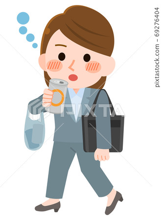 A woman walking while drinking on her way home 69276404