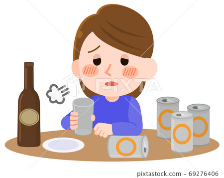 Illustration of a woman who regrets drinking after being drunk 69276406