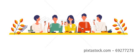 男人和女人享受秋季餐和酒的插圖 69277278