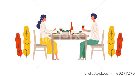 男人和女人享受秋季餐和酒的插圖 69277279