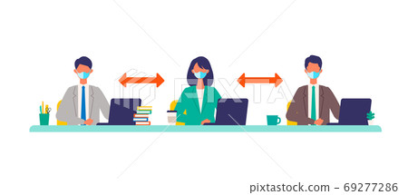Illustration of working people taking social distance at work Illustration of working people taking social distance at work 69277286