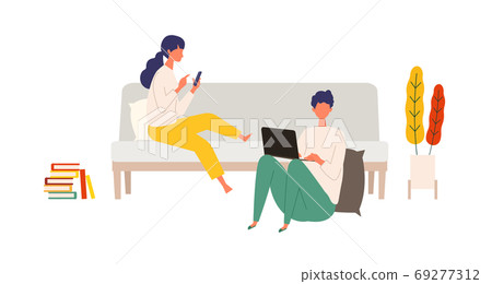 Couple enjoying autumn holidays at home with a PC and smartphone Couple enjoying autumn holidays at home with a PC and smartphone 69277312