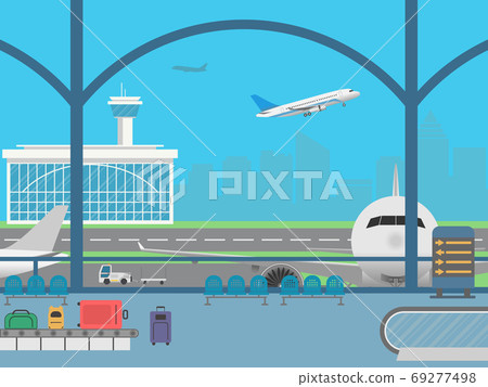 Airport terminal. Field with airplanes and flying airplane 69277498