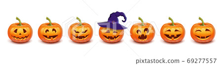 Set pumpkin on white background. The main symbol of the Happy Halloween holiday. Orange pumpkin with smile and witch hat for your design for the holiday Halloween. Vector illustration Set pumpkin on white background. The main symbol of the Happy Halloween holiday. Orange pumpkin with smile and witch hat for your design for the holiday Halloween. Vector illustration 69277557