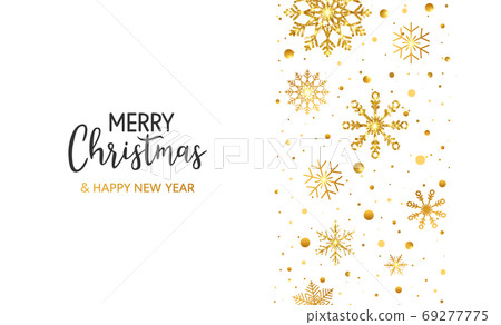 Christmas banner with gold snowflakes, snow and hand lettering on white background. Golden glitter snowflake with sparkle and stars. Winter Holiday design for poster, header,card. Vector illustration 69277775