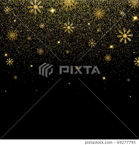 Christmas background with glitter and shining gold snowflakes. Golden glitter texture with glowing lights. Happy New Year design. Golden sparks, glitter and stars falling. Vector illustration 69277793