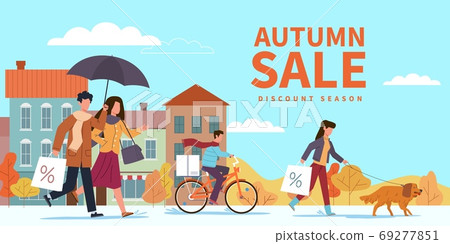 Autumn sale. Special fall offer, people with shopping bags and umbrellas in city among yellow orange leaves. Seasonal discount promotion, price falls advertising vector flat banner 69277851