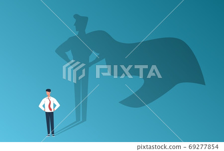 Businessman with superhero shadow. Leadership professional ambition, achievement and business success, man with inner leader potential, career motivation vector flat cartoon concept 69277854