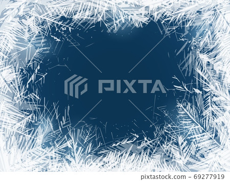 Frost. Frozen window glass in cold freeze weather, christmas decoration. Transparent water crystals ornament on blue background, new year abstract snowy frame vector isolated texture 69277919