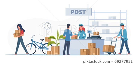 Post delivery office. Postmen, courier and people with boxes and letters in post reception, order receiving or parcel, mail service postage stamp envelopes vector flat illustration Post delivery office. Postmen, courier and people with boxes and letters in post reception, order receiving or parcel, mail service postage stamp envelopes vector flat illustration 69277931