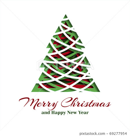 Spruce in paper cut style with text. Christmas and New Year decorative design. Greeting card. Vector 69277954