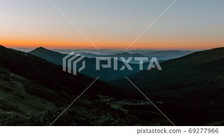 Sunrise in the Carpathians near Mount Pip Ivan, the saddle of Montenegro, a camping town in the saddle. 69277966