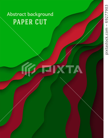 Abstract green and red poster, background in paper cut style. Place for text. 69277983