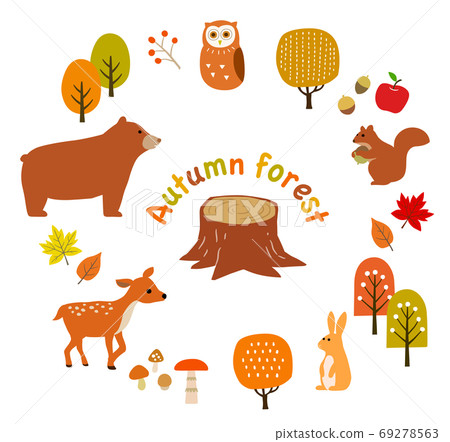 秋天的動物,樹木和樹葉的插圖集 秋天的動物,樹木和樹葉的插圖集 69278563