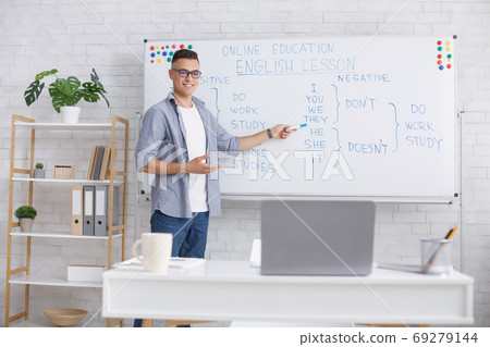 Education, self-isolation and quarantine. Tutor in glasses teaches english and shows at blackboard 69279144