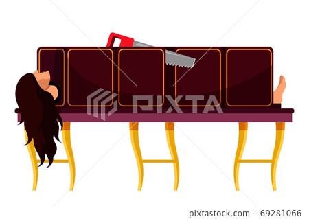 Trick with sawing woman isolated on white backdrop 69281066