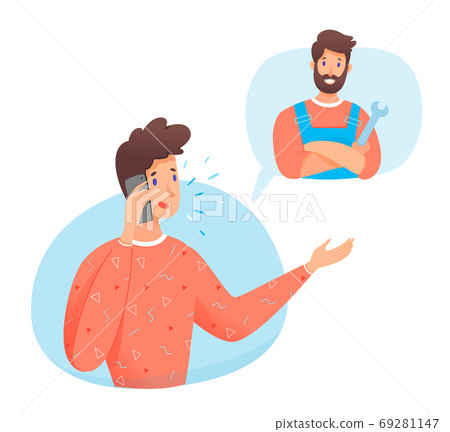 Young man calling repairman plumber by smartphone 69281147