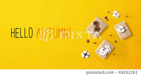 Hello autumn message with gift boxes with cottons 69282261