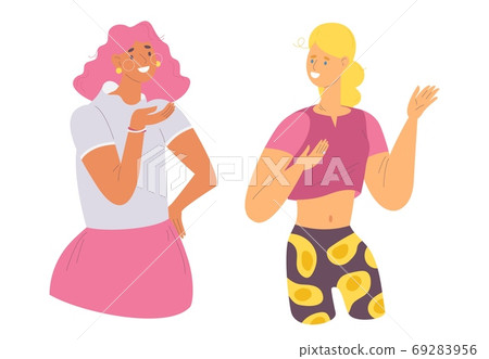 Women friends smiling and talking. Lovely young characters isolated on white background 69283956