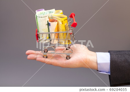 Shopping cart with euro banknotes on hand isolated on gray 69284035
