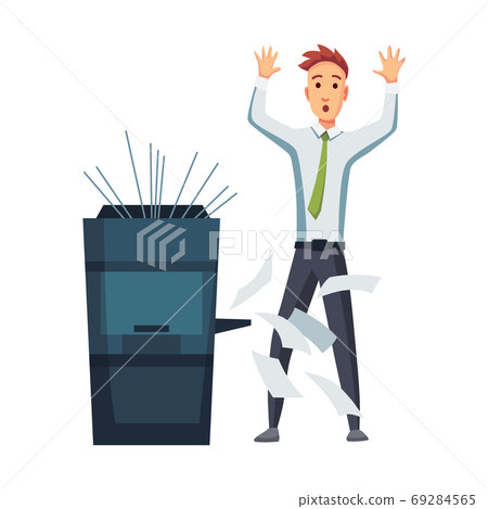 Office documents copier. Office worker prints documents on the copier. Man works on a photocopier. Concept of office work. Unexpected breakdown 69284565