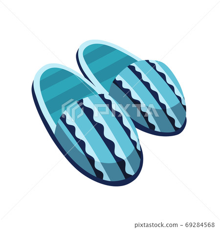 Home footwear slippers. Soft comfortable slip on shoe for home. Pair slippers, textile domestic outfit element or garment shoes soft fabric 69284568