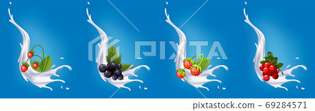 Fruit berries yogurt with realistic milk splashs. Pouring white dairy products and cranberries currants wild strawberries strawberries. Isolated sample advertising realistic natural yogurt or cream Fruit berries yogurt with realistic milk splashs. Pouring white dairy products and cranberries currants wild strawberries strawberries. Isolated sample advertising realistic natural yogurt or cream 69284571