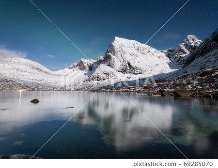 Lofoten islands, Norway. Panoramic landscape. Long exposure photography. Reflection on the water.  69285070