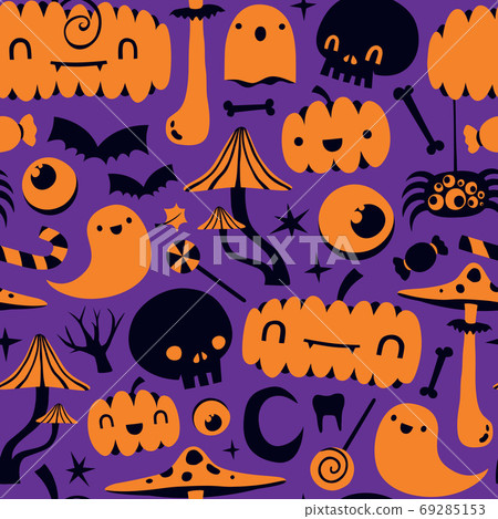 Cute pumpkins and skulls magic mushrooms halloween vector pattern 69285153