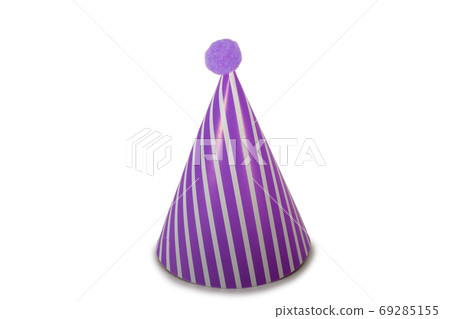 A Purple Birthday Hat with Stripes on a Pure White Background 69285155