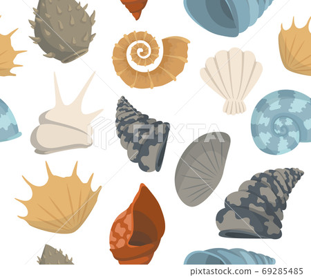 Trendy summer texture concept with sea shells seamless pattern. Travel marine background. Perfect for greetings, invitations, manufacture wrapping paper, textile and web design Trendy summer texture concept with sea shells seamless pattern. Travel marine background. Perfect for greetings, invitations, manufacture wrapping paper, textile and web design 69285485