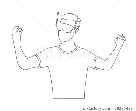 Coloring man wearing virtual reality goggle glasses headset. Touching vr interface. Future technology. Man using virtual reality simulator. Modern innovative technologies Coloring man wearing virtual reality goggle glasses headset. Touching vr interface. Future technology. Man using virtual reality simulator. Modern innovative technologies 69285486