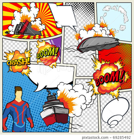 Template comic book page with warships. Vector retro background mock-up. Comic book page divided by lines with speech bubbles superhero and sounds effect. Pop art ships that explode Template comic book page with warships. Vector retro background mock-up. Comic book page divided by lines with speech bubbles superhero and sounds effect. Pop art ships that explode 69285492
