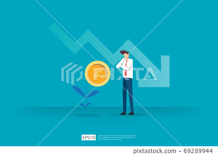 finance crisis concept with business man character. money fall down with arrow decrease symbol. economy business stretching global lost bankrupt. cost declining reduction or loss of income profit finance crisis concept with business man character. money fall down with arrow decrease symbol. economy business stretching global lost bankrupt. cost declining reduction or loss of income profit 69289944