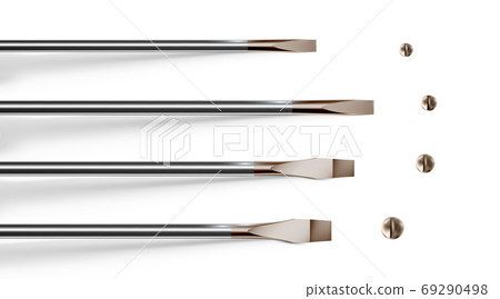 Variety of sizes of slotted screwdrivers. Set tip, objects close-up.  69290498