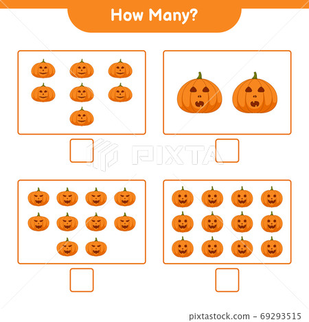 Counting game, how many pumpkins educational children game, printable worksheet, vector illustration Counting game, how many pumpkins educational children game, printable worksheet, vector illustration 69293515