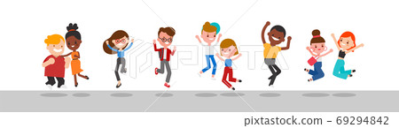 Diverse group of happy people jumping. 69294842