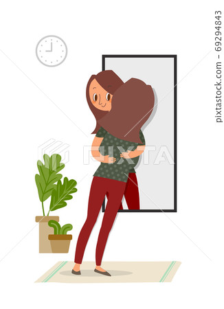 Self-acceptance, Woman hugging with her reflection in the mirror. Self-acceptance, Woman hugging with her reflection in the mirror. 69294843