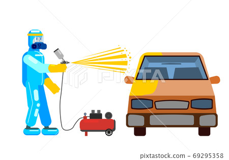 Car airbrush painter in workwear service auto body car repair. Craftsman repairman with spraying gun workshop. Vector illustration isolated Car airbrush painter in workwear service auto body car repair. Craftsman repairman with spraying gun workshop. Vector illustration isolated 69295358