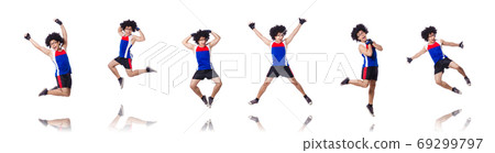 Funny man exercising isolated on white 69299797
