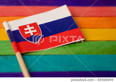 Slovakia flag on rainbow background symbol of LGBT gay pride mon Slovakia flag on rainbow background symbol of LGBT gay pride mon 69300044