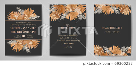 Botanical wedding invitation card template design, tropical palm leaves frame set, dry pampas grass watercolor minimal vector. Save the Date golden foliage modern poster, trendy luxury background Botanical wedding invitation card template design, tropical palm leaves frame set, dry pampas grass watercolor minimal vector. Save the Date golden foliage modern poster, trendy luxury background 69300252