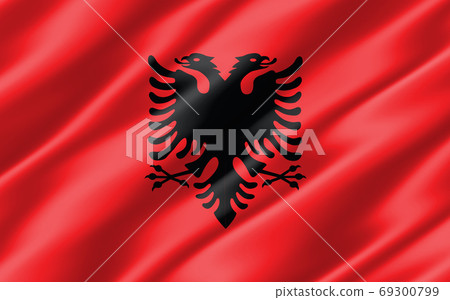 Silk wavy flag of Albania graphic. Wavy Albanian flag illustration. Rippled Albania country flag is a symbol of freedom, patriotism and independence. 69300799