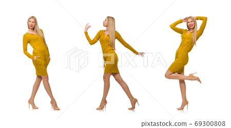 Pretty fair girl in yellow dress isolated on white 69300808