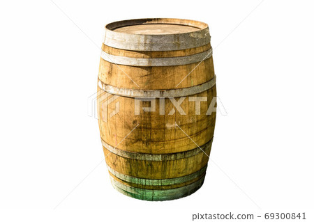 Exemplary old wooden barrel with iron rings and fixtures Exemplary old wooden barrel with iron rings and fixtures 69300841