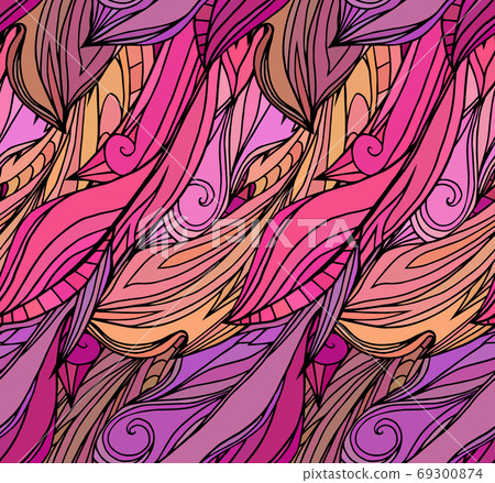 Seamless texture with pink feathers with doodle pattern. 69300874