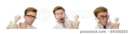 Funny doctor with skeleton isolated on white Funny doctor with skeleton isolated on white 69300883