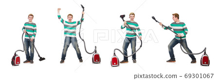 Funny man with vacuum cleaner on white Funny man with vacuum cleaner on white 69301067