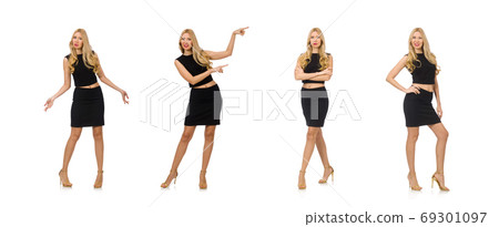Pretty girl in black mini dress isolated on white 69301097