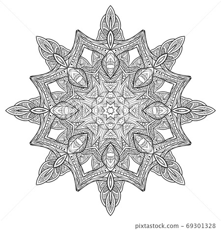 Black white doodle circular mandala with a boho pattern. Black white doodle circular mandala with a boho pattern. 69301328